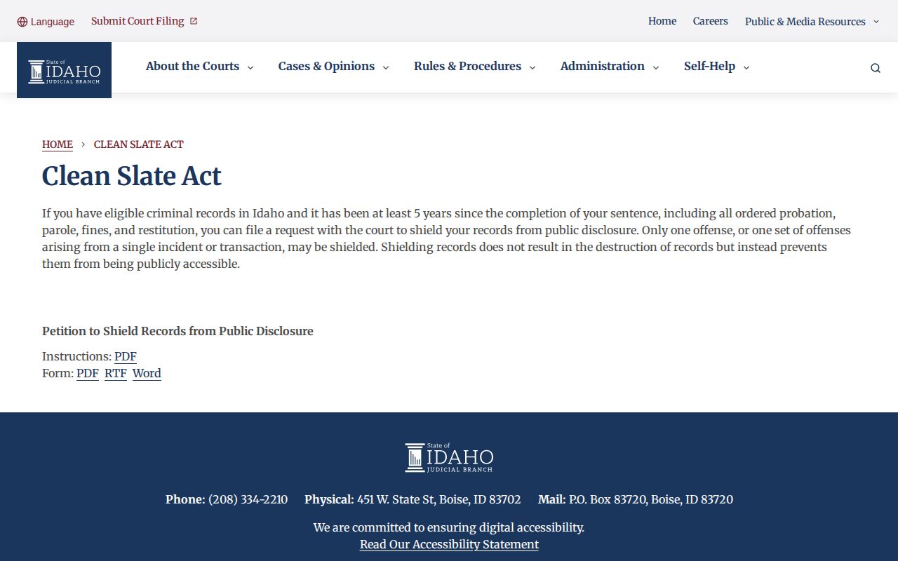 Idaho courts Clean Slate Act information page