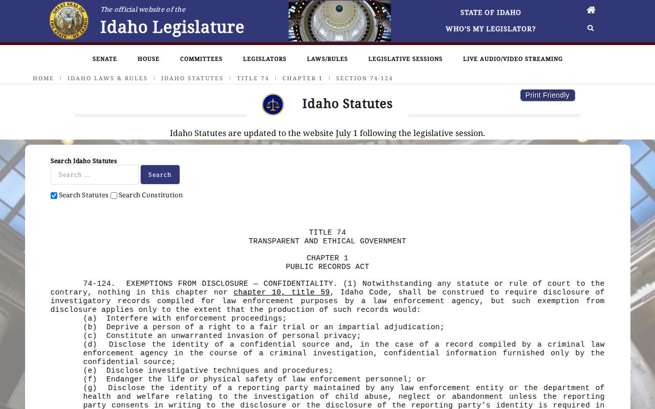 Idaho Code section 74-124 official law-enforcement records page