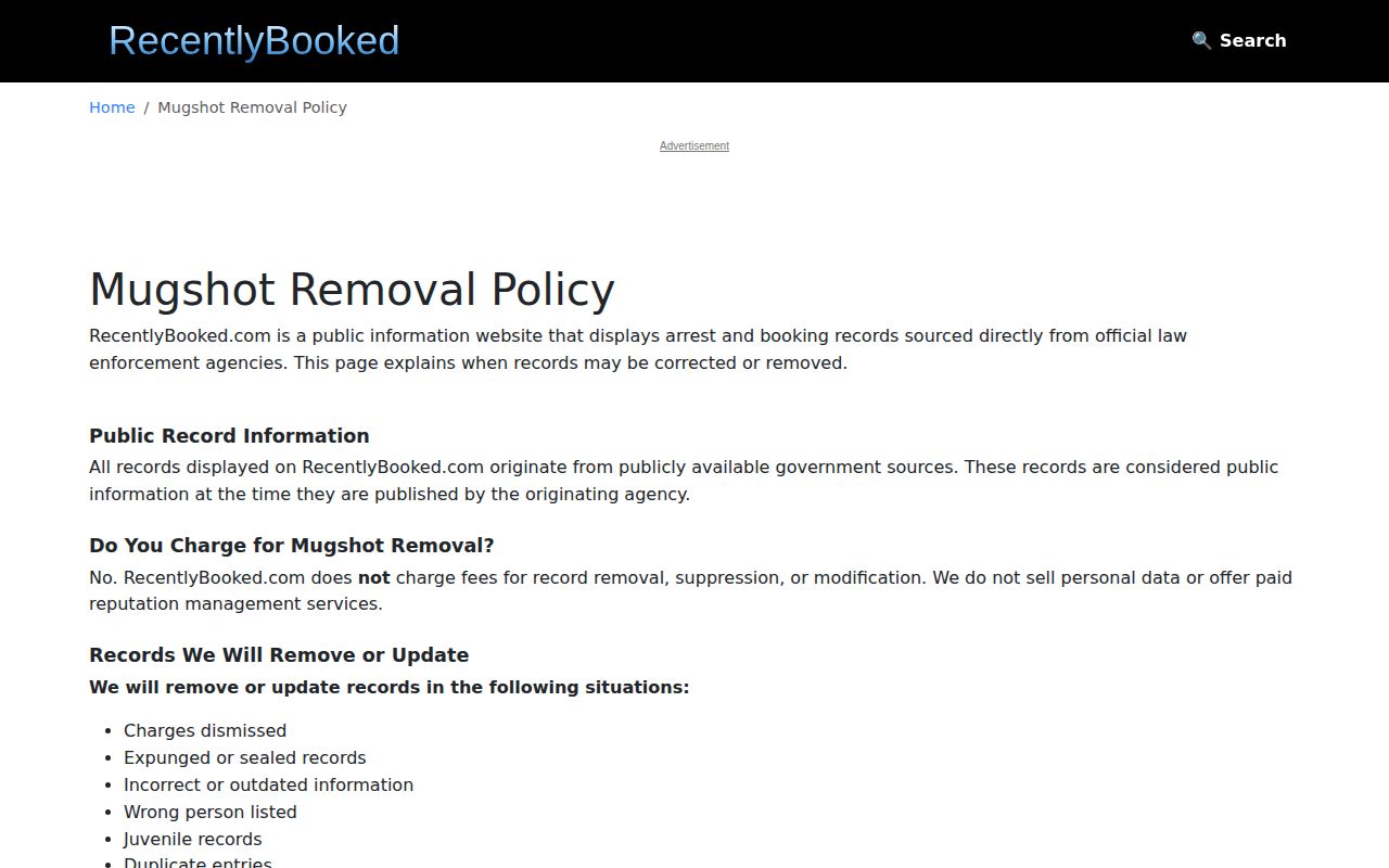 RecentlyBooked free correction and mugshot removal policy